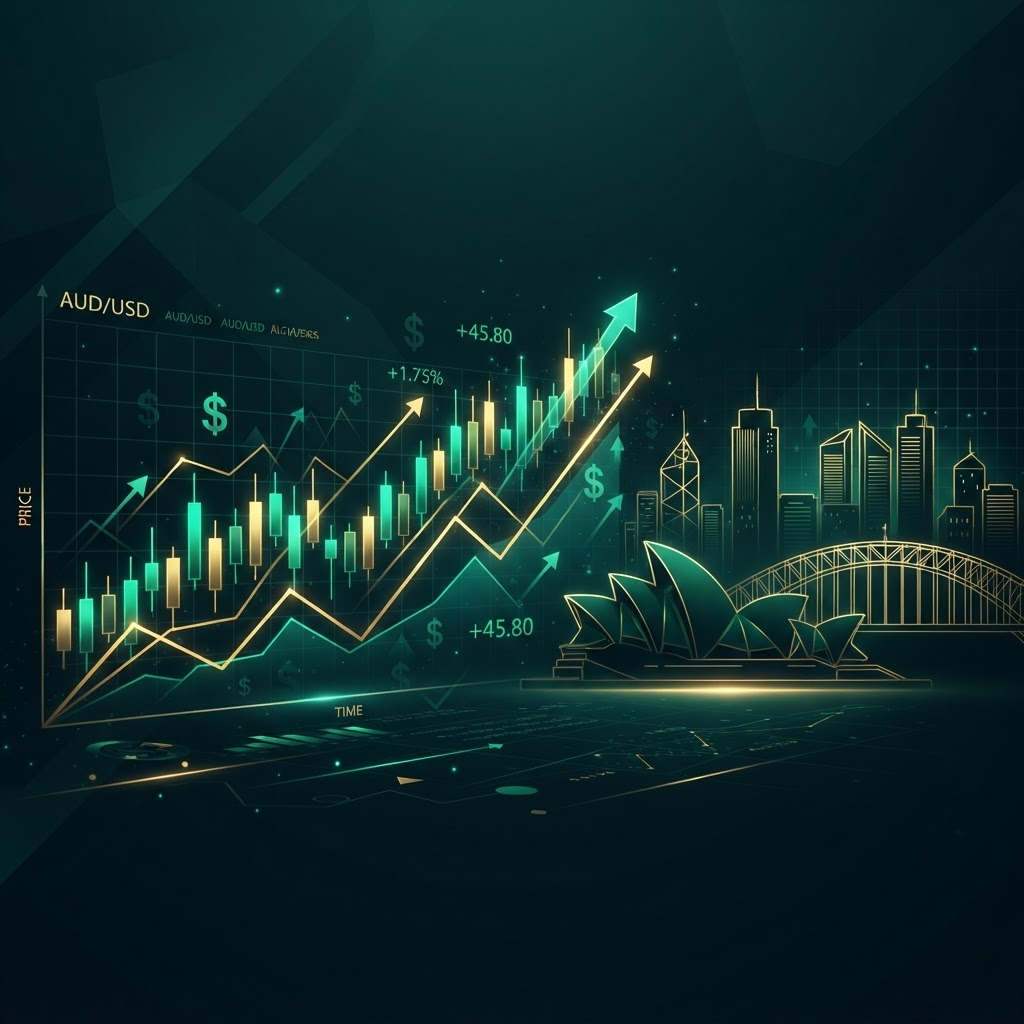 Forex trading charts with an Australian Sydney skyline in green and gold